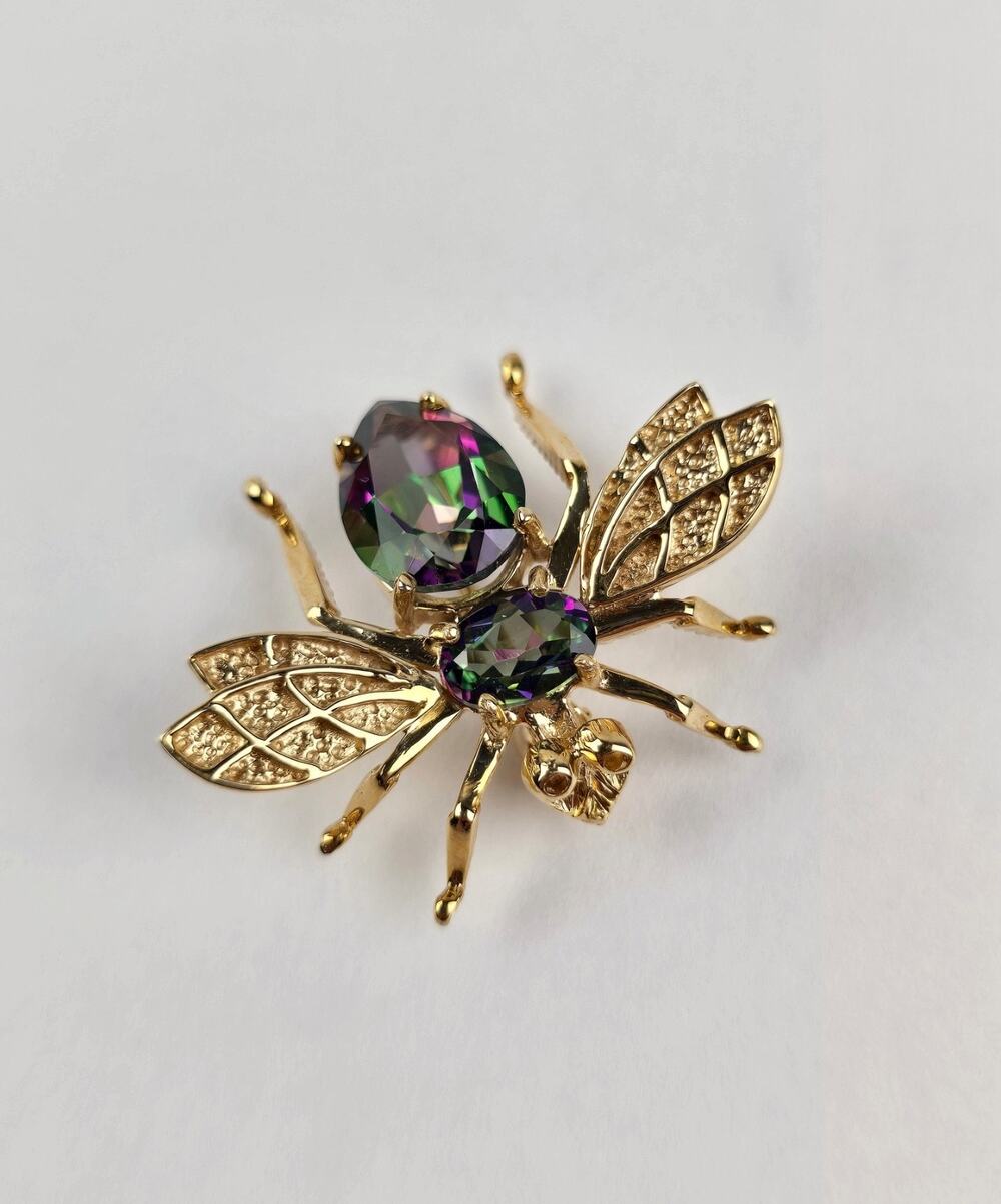 10k Solid yellow gold mystic topaz Bee bug Brooch Pin back